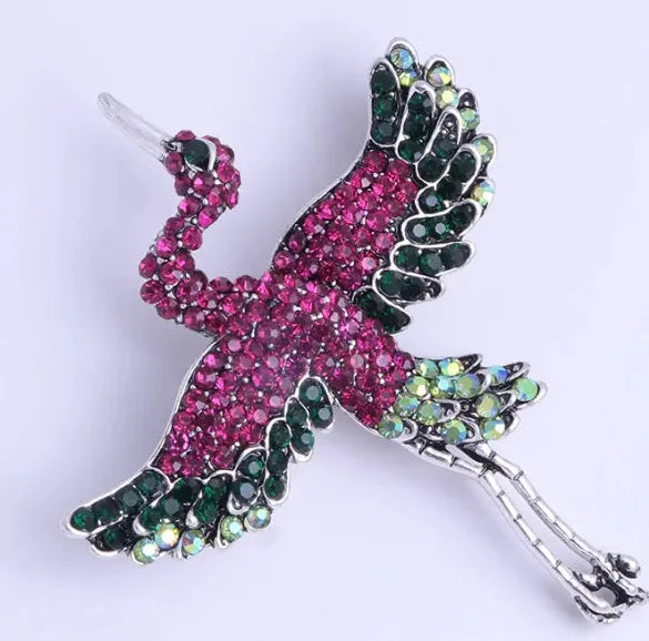 Heron Crane Bird Brooch for Women Green Rhinestone Animal Pin Jewelry