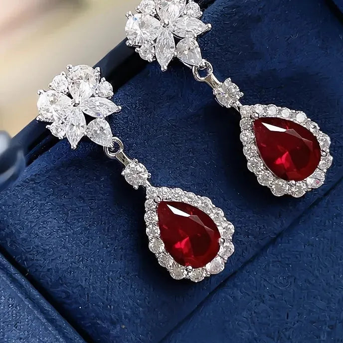 Bright Red Cubic Zirconia Flower Drop Earrings for Women Bridal Wedding Jewelry Gift Copper Alloy