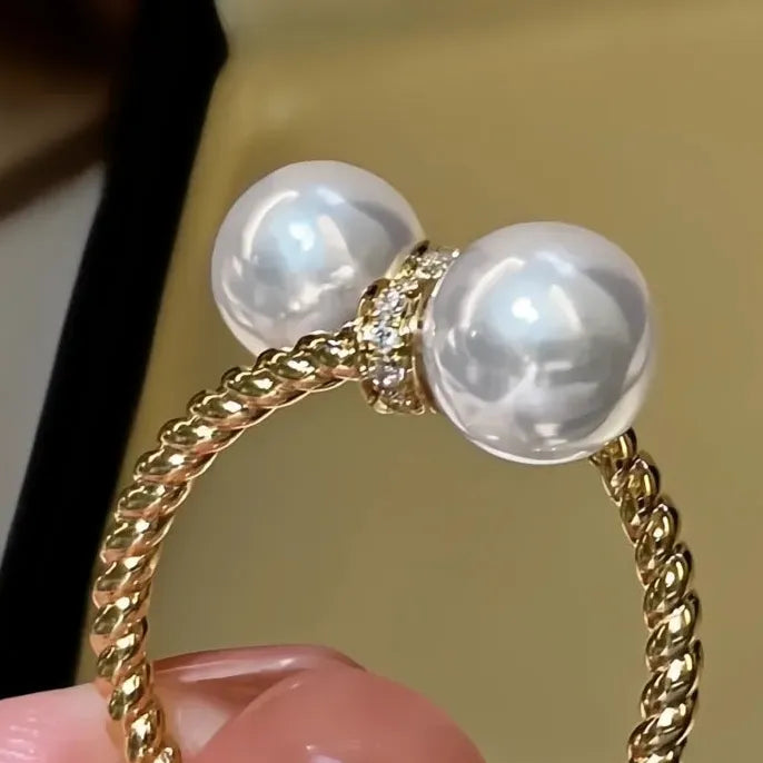 Temperament Double Imitation Pearl Twist Open Ring Gold Color Band Women’s Wedding Fashion Jewelry 2023