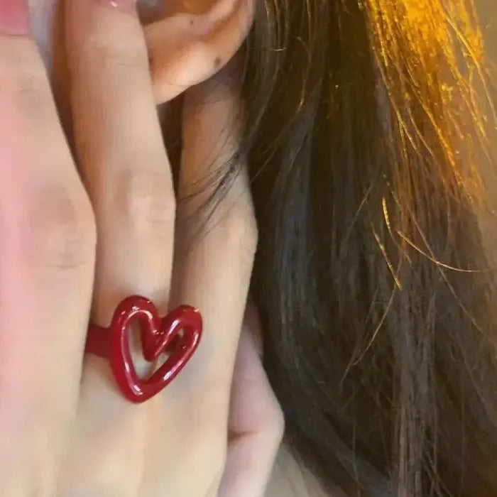Red Enamel Heart Ring Women Punk Hiphop Couple Gift Fashion Jewelry