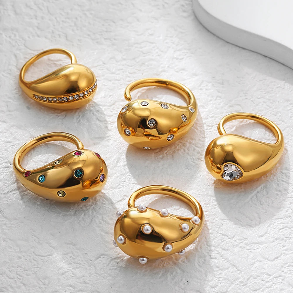 Waterdrop Multicolor Rhinestone Openable Ring Stainless Steel Pearl Vintage Jewelry