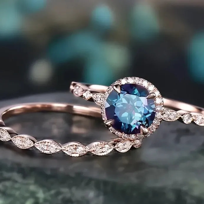 2Pcs Rose Gold Wedding Rings Set Thin Band Blue Cubic Zirconia Stones
