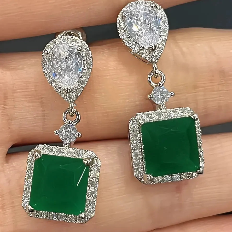 Green Geometric Copper Alloy Drop Earrings for Women Cubic Zirconia Wedding Jewelry