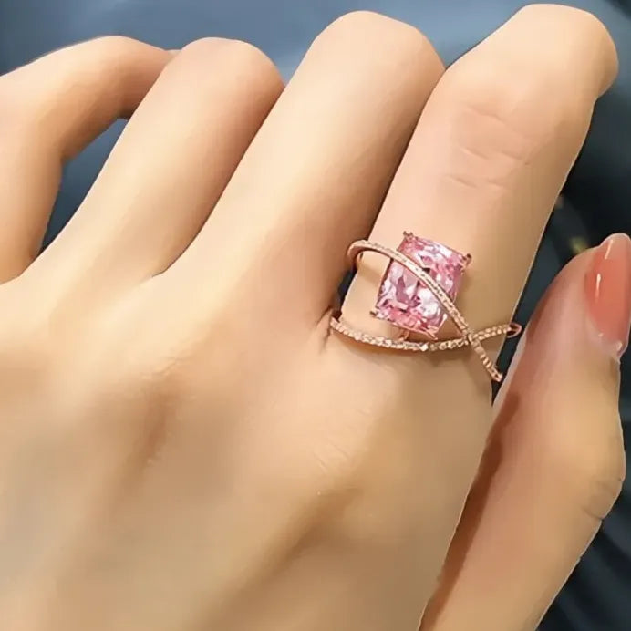 Trendy Pink Cubic Zirconia Brass Ring Romantic Engagement Gift for Women