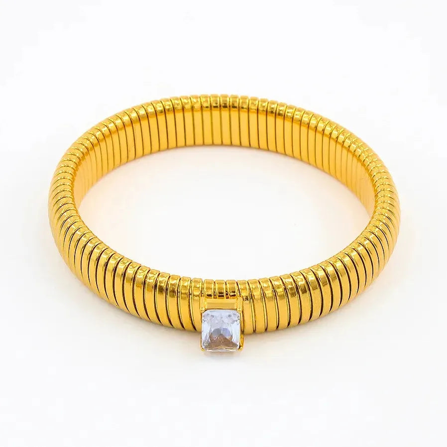 Hip Hop 18K Gold Plated Stainless Steel Wide Cuff Bracelet Crystal Bangle Jewelry