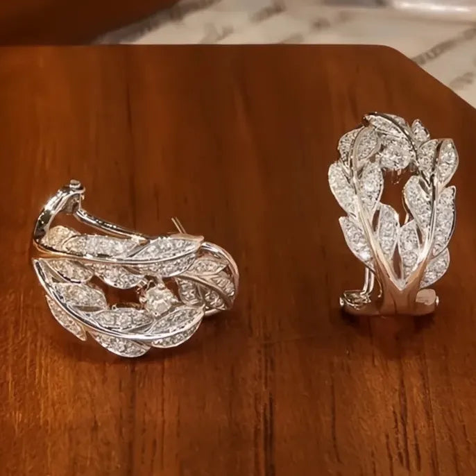 Geometric Silver Leaf Hoop Earrings with Cubic Zirconia Wedding Jewelry