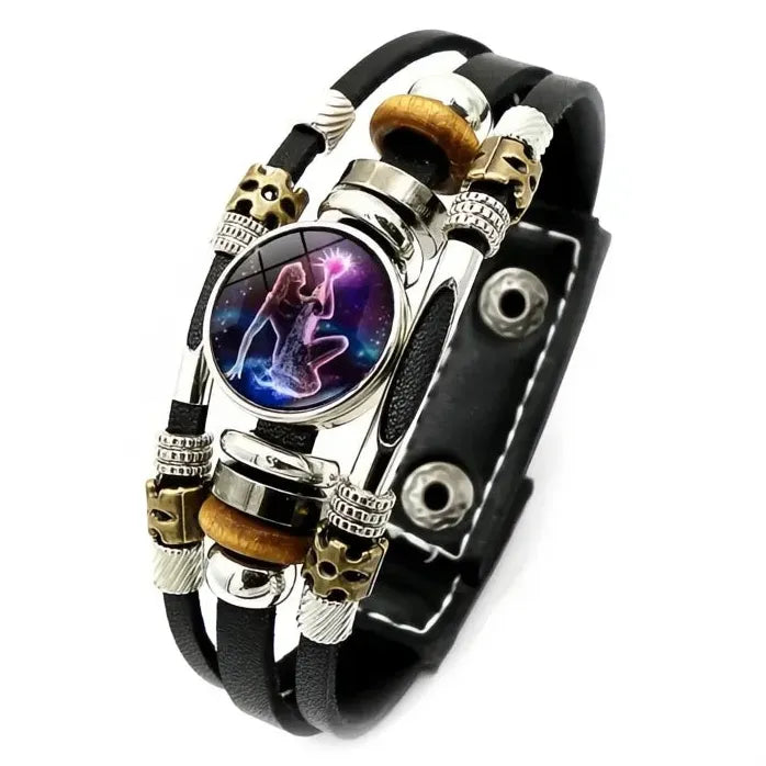 12 Constellation Zodiac Leather Bracelet with Glass Snap Button Unisex
