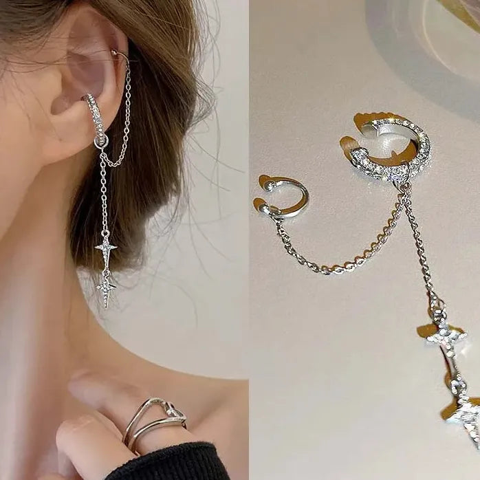 Silver Star Crystal Tassel Clip-On Cuff Earrings for Women Jewelry