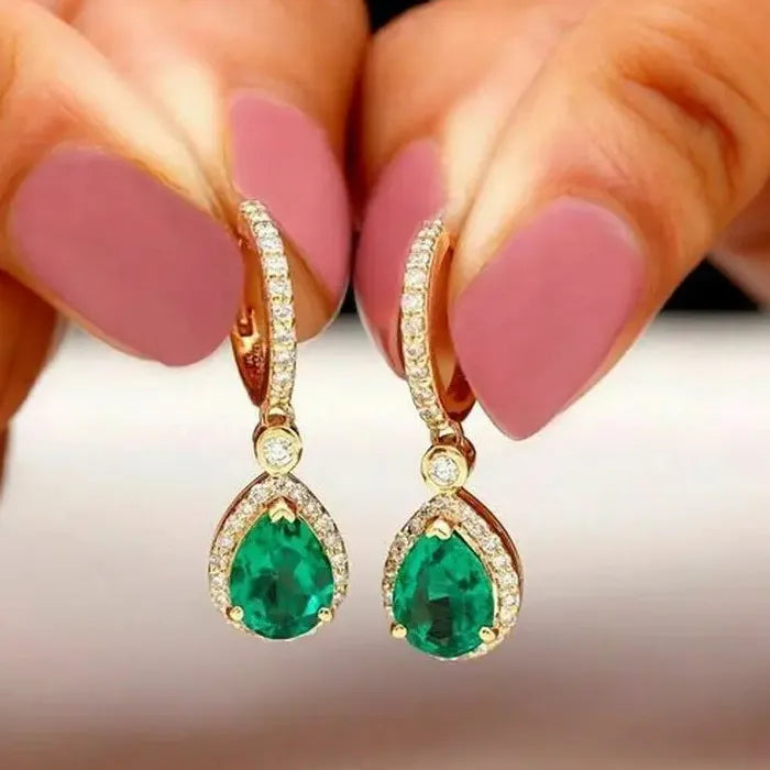 Gold Inlaid Green Water Droplet Zircon Pendant Drop Earrings for Girls Jewelry Gift