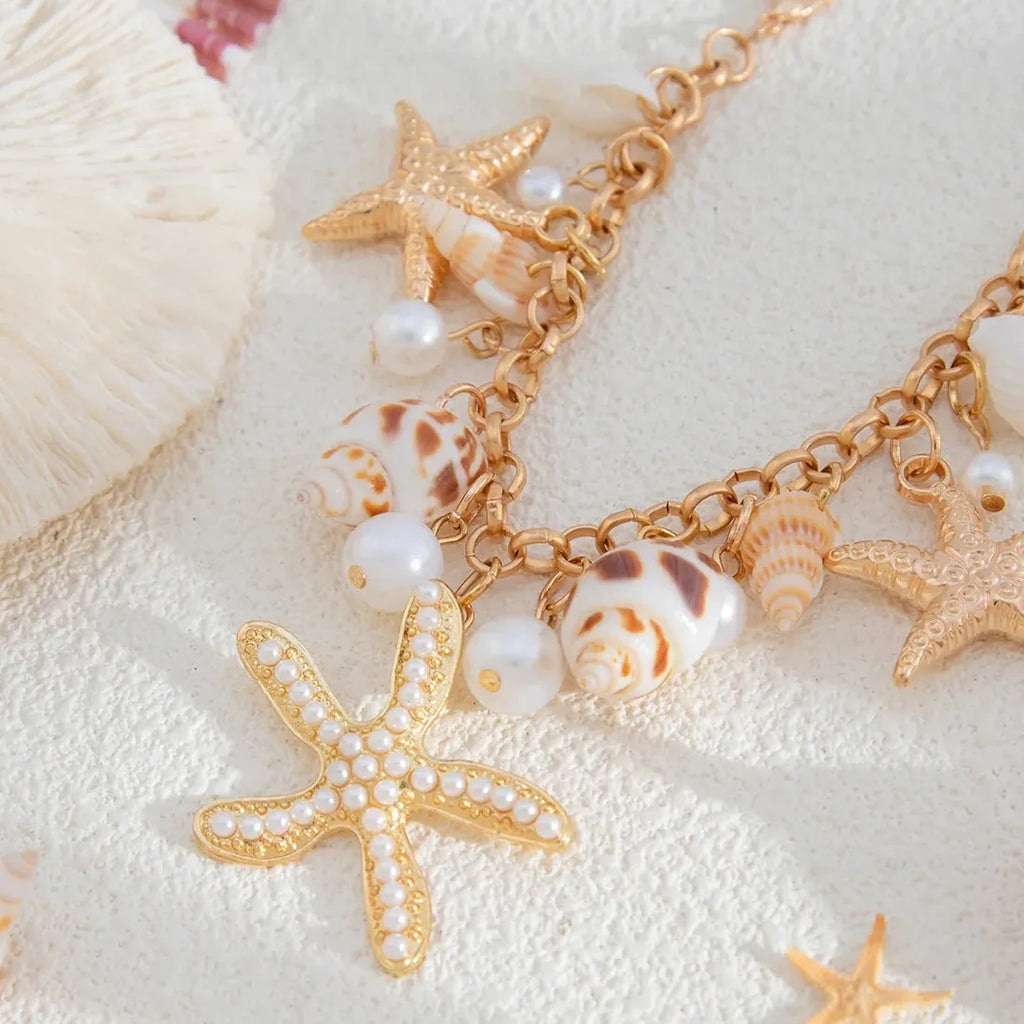 Handmade 18k Gold Plated Starfish Shell Pearl Bracelet Boho Beach Jewelry Charm