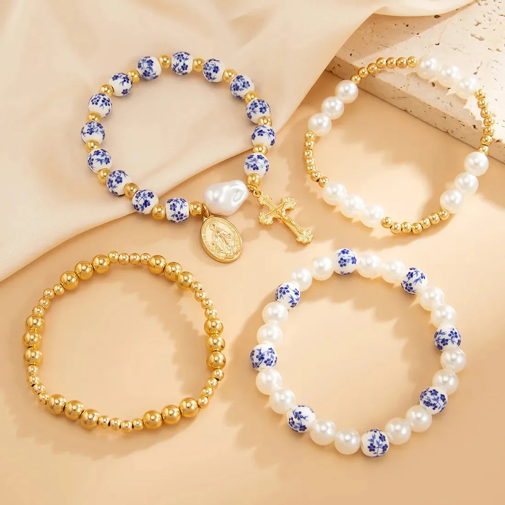 4pcs Blue White Porcelain Round Bead Bracelet Women Geometric Pearl Cross Jewelry