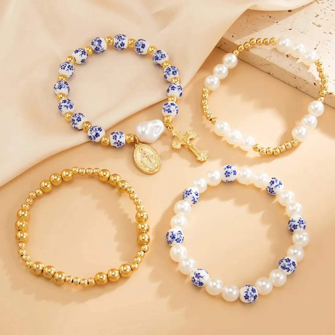 4pcs Blue White Porcelain Round Bead Bracelet Women Geometric Pearl Cross Jewelry