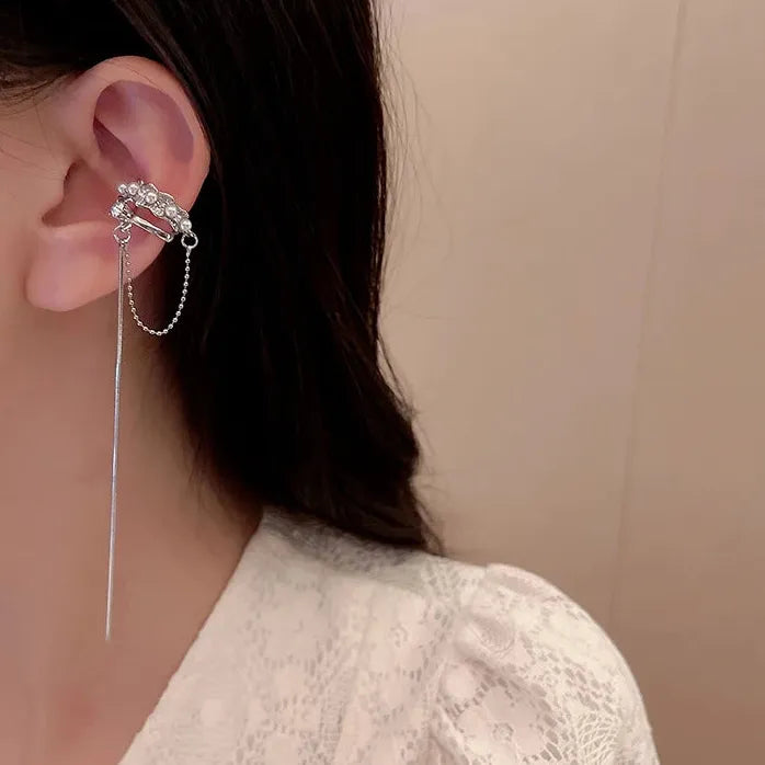 Long Tassel Clip Earrings for Women Girls Pearl Cubic Zirconia Fashion Jewelry