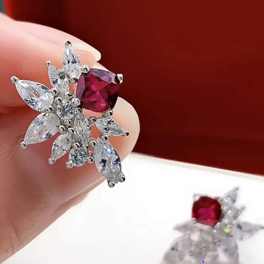 Luxury Red Geometric Cubic Zirconia Stud Earrings for Women Jewelry