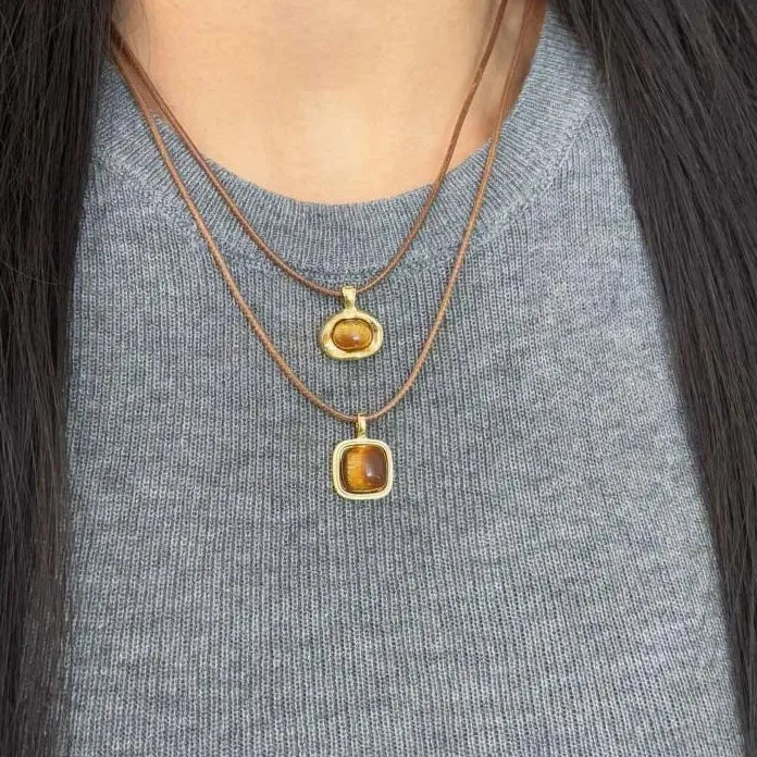 Brown Natural Stone Geometric Pendant Necklace with Leather Rope Chain