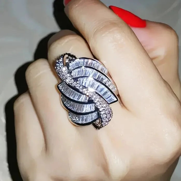 Geometric Cubic Zirconia Crystal Wedding Engagement Ring for Women Brass