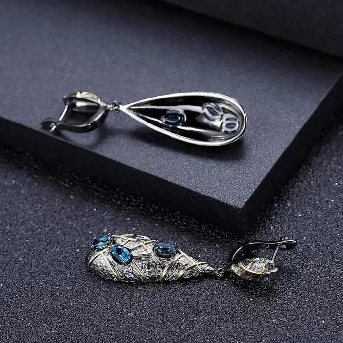Vintage Bohemian Carved Wind Chime Drop Earrings for Women Classic Bluestone Jewelry