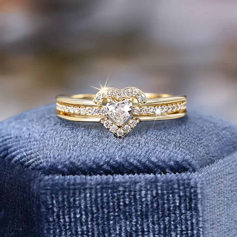 Romantic Heart Shaped Women’s Wedding Anniversary Ring with Shiny CZ Brass Jewelry Gold/Silver Color