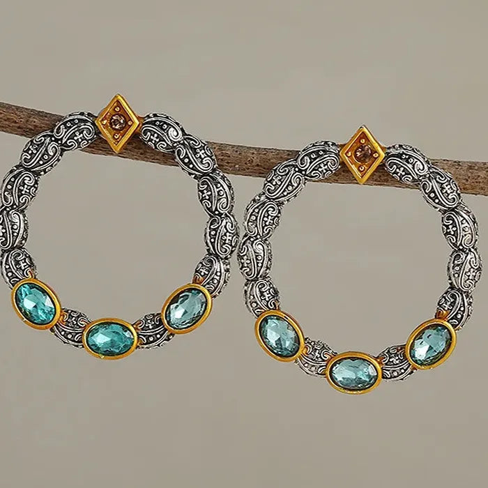 Vintage Inlaid Blue Semi-Precious Stone Zinc Alloy Bohemian Round Earrings Gift