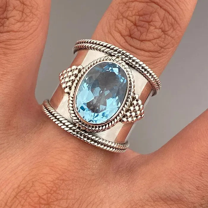Men's Retro Oval Blue Cubic Zirconia Ring Wide Face Zinc Alloy Jewelry Gift