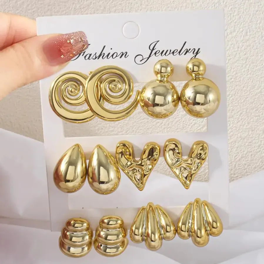 6 Pairs Vintage Gold Heart-Shaped Spiral Water Droplet Earrings for Women