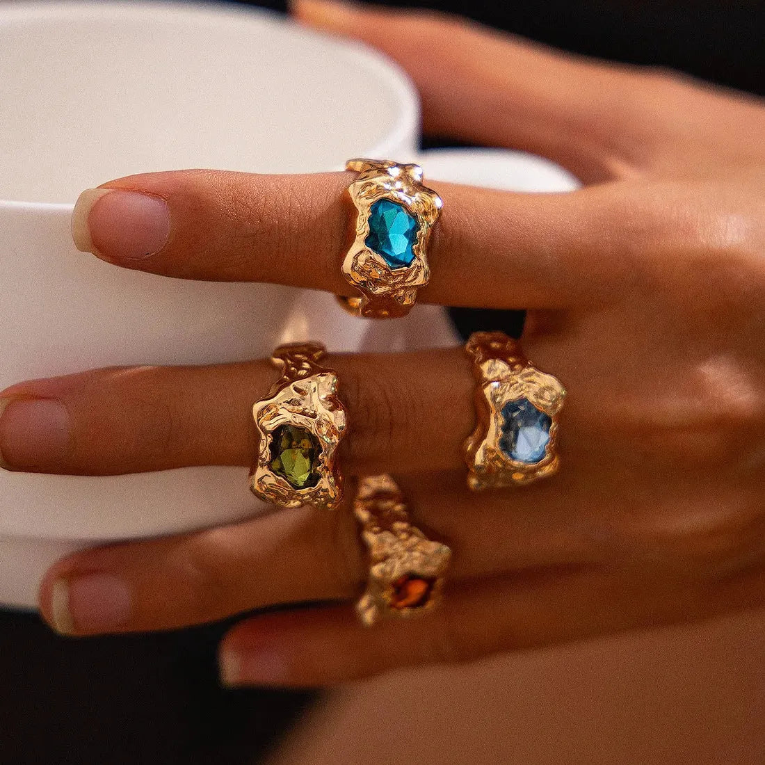 Folded Lava Metal Zircon Adjustable Rings Set Vintage Punk Jewelry Men Women