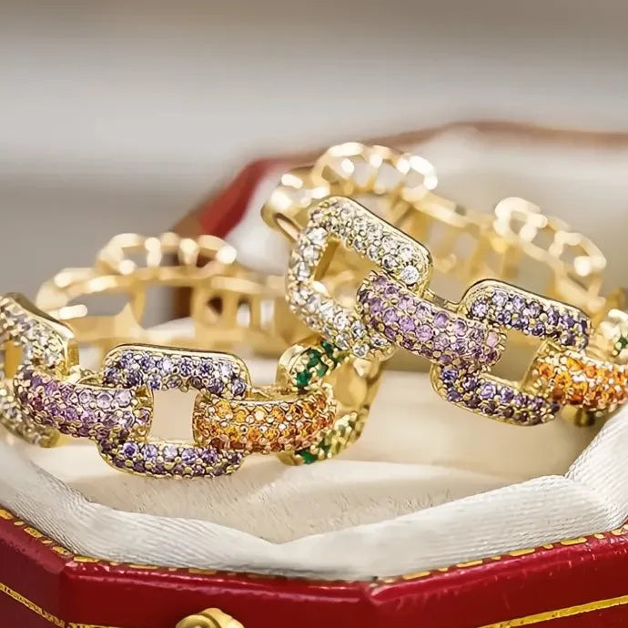 Geometric Chain Link Women Hoop Earrings Multi-Color CZ Copper Alloy