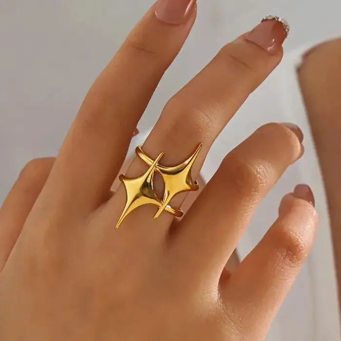18K Gold Plated Stainless Steel Star Cross Open Ring Waterproof Jewelry Gift