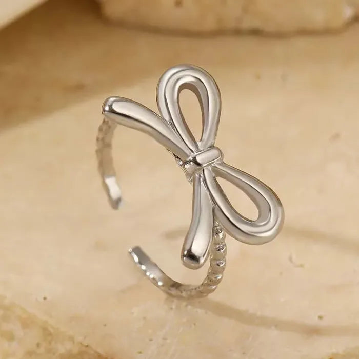 Adjustable Stainless Steel Gold Bowknot Ring for Women Fashion Jewelry Gift