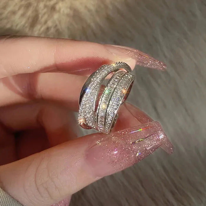 2026 Silver Rhinestone Multi-layer Winding Stainless Steel Wedding Ring Set