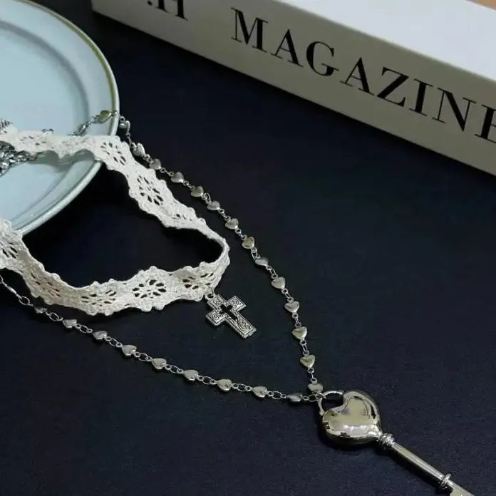 Y2K White Lace Cross Strap Key Pendant Choker Necklace for Women Jewelry