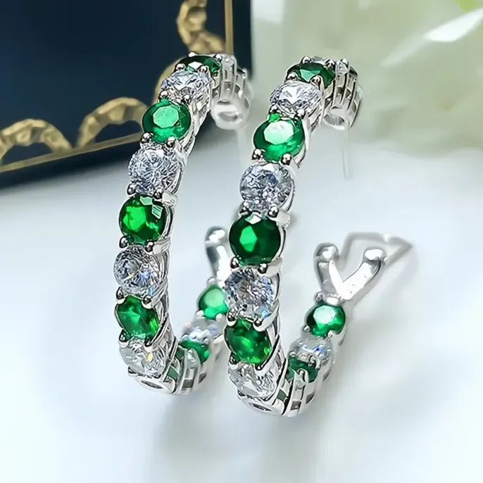 Geometric Hoop Earrings with Green Blue Cubic Zirconia in Copper Alloy
