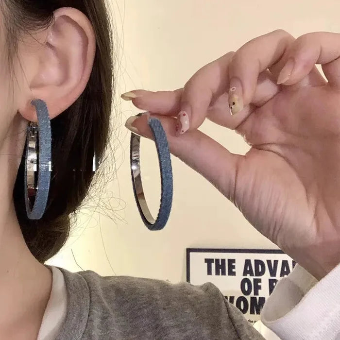 Vintage Blue Denim Zinc Alloy Round Hoop Earrings for Women Gift