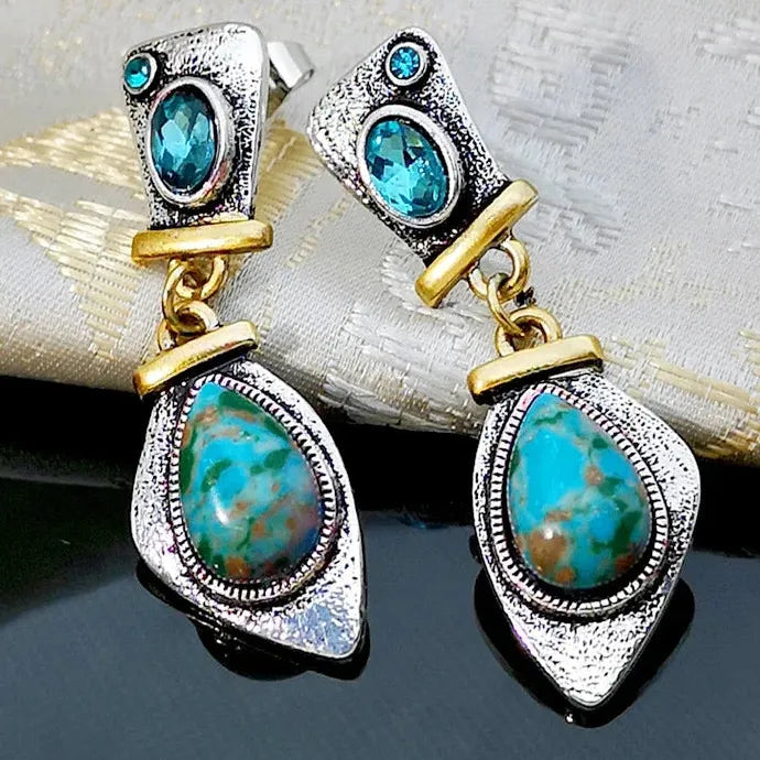 Vintage Blue Rhinestone Green Stone Tribal Zinc Alloy Drop Earrings for Women