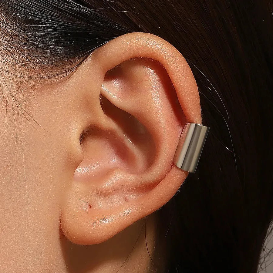 Silver Metal Long Tube Clip-On Ear Cuff Earrings Non-Piercing for Men Women