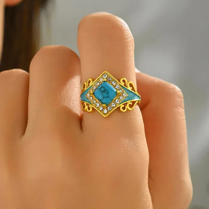 Vintage Bohemian Carved Flower Turquoise Ring Zinc Alloy Ethnic Style Gift