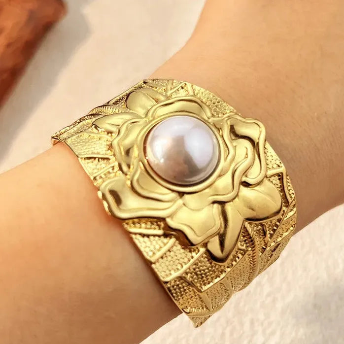 Imitation Pearl Wide Stainless Steel Open Cuff Bangle Bracelet Jewelry Party