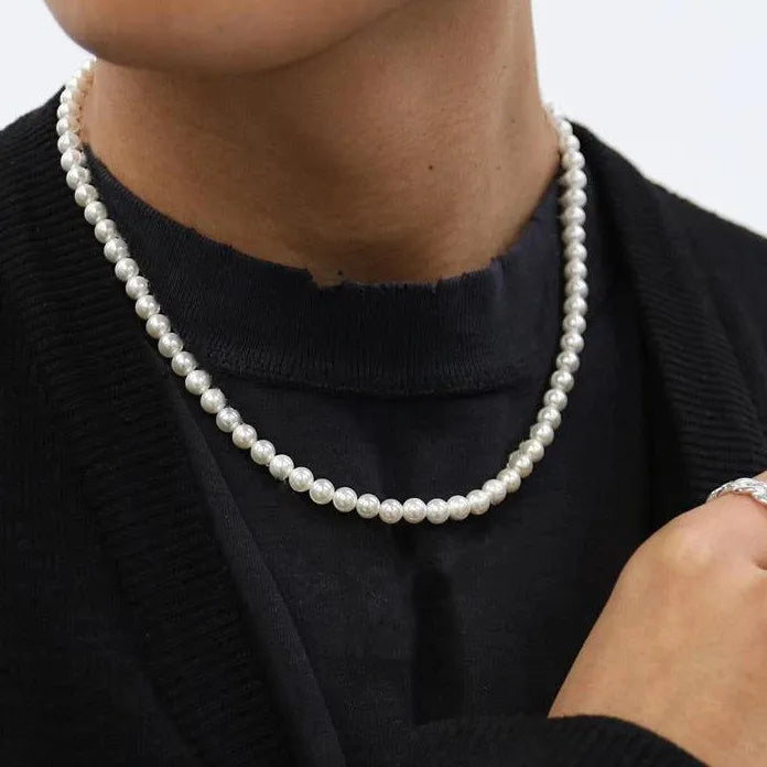 Men's Trendy White Imitation Pearl Beaded Short Choker Necklace 2026