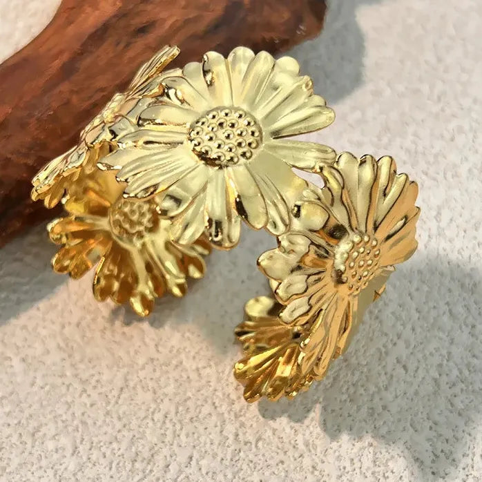 Retro Gold Stainless Steel Wide Cuff Bracelet for Women Daisy Lily Ginkgo Leaf