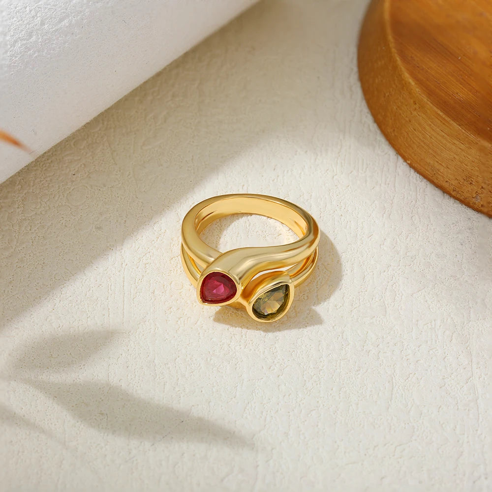 18K Gold Plated Double Circle Ring with Green Zircon Water Droplet for Women