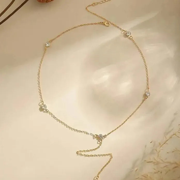 Gold Double Layered Y-Shaped Choker Necklace Featuring Crystal Tassel for Women