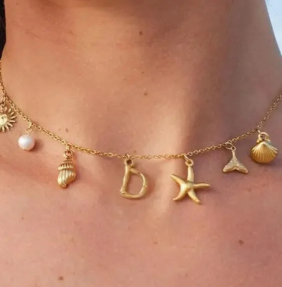 Copper Surfer Girl Seashell Initial Choker Necklace Beach Jewelry Gift