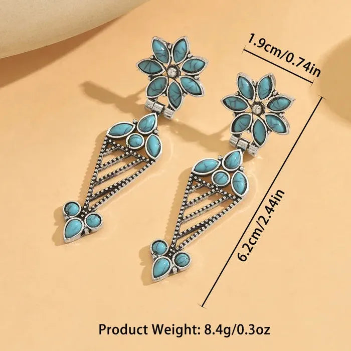 Retro Bohemian Hollow Flower Turquoise Drop Earrings Zinc Alloy for Women