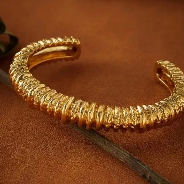 18K Gold Plated Stainless Steel Lava Textured Multi-layer Open Cuff Bracelet