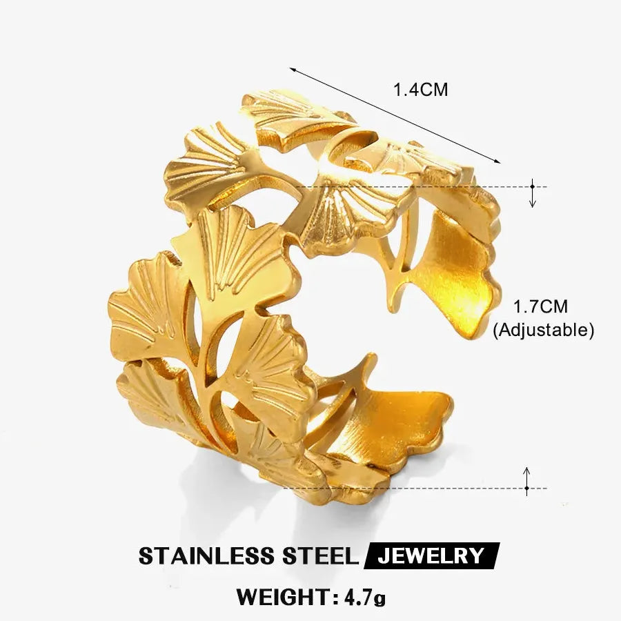 Gold Ginkgo Leaf Stainless Steel Ring Unisex Vintage Wedding Jewelry 2026