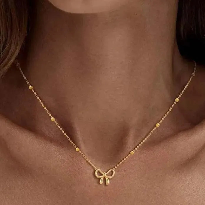 Gold Bowknot Pendant Necklace for Women Beaded Chain Fashion Jewelry