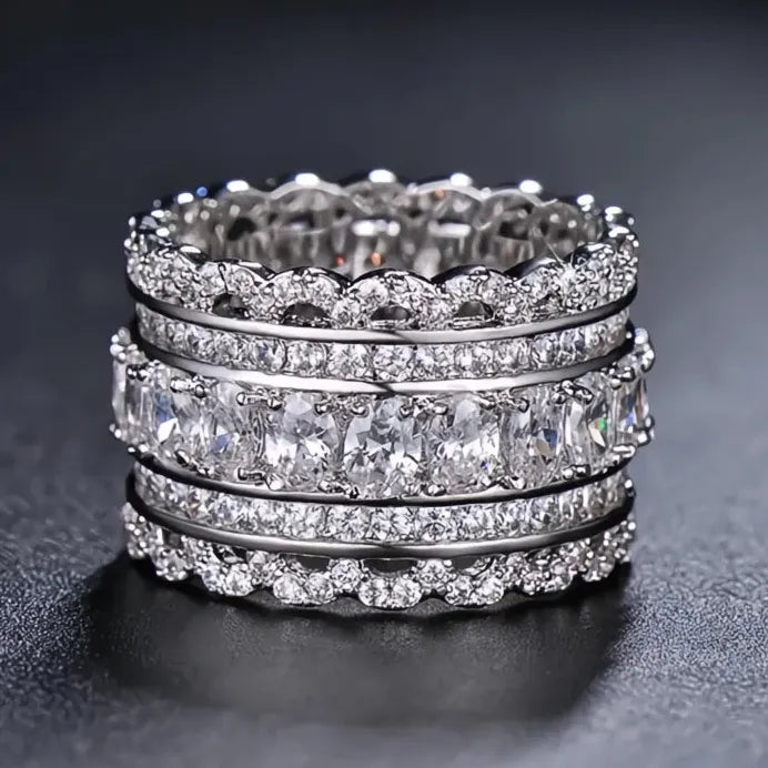 Women’s Geometric Silver Wedding Eternity Ring with Pave CZ Crystals