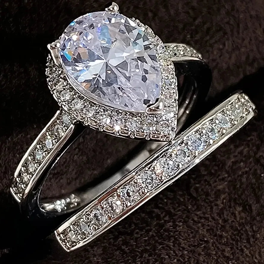 2023 Modern Bridal Ring Set for Women 2Pcs Luxury Cubic Zirconia Brass Engagement Bands Jewelry