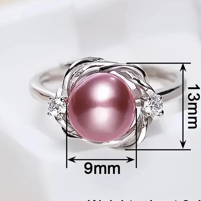 Silver Flower Ring with Pink Pearl & CZ Inlay Brass Cocktail Jewelry for Women