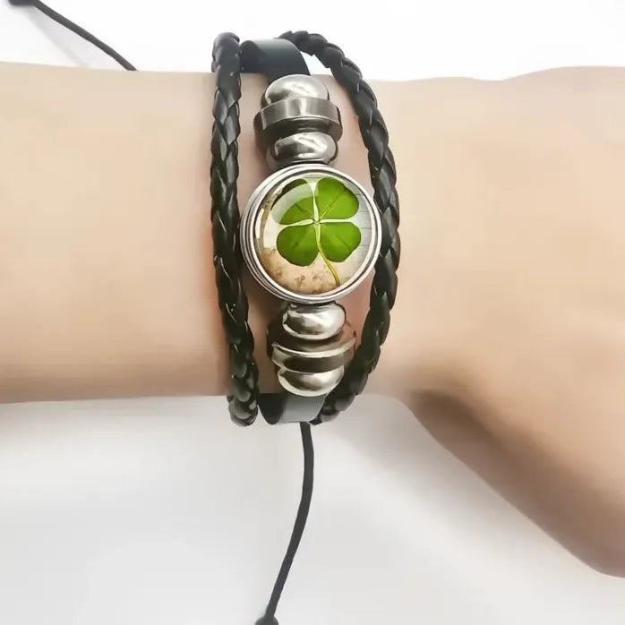 Adjustable Leather Bracelet with Lucky Clover Glass Snap Button Charm Unisex